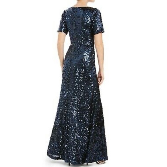 Calvin Klein Women's Dress Blue Sequin Short Sleeve V-Neck Gown - Picture 2 of 15